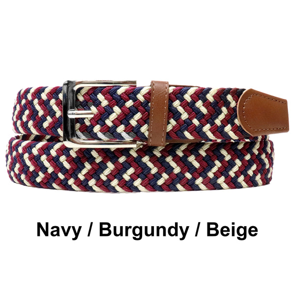 Navy Burgundy Beige Basket Weave Nylon Woven Elastic Stretch Belt with Belt Buckle