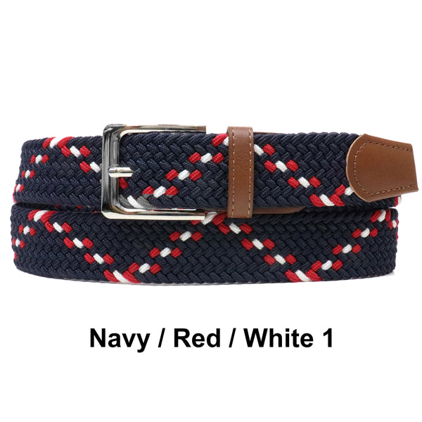 Navy Red White 1 Basket Weave Nylon Woven Elastic Stretch Belt with Belt Buckle