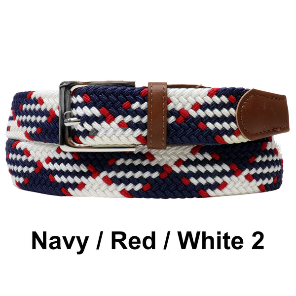 Navy Red White 2 Basket Weave Nylon Woven Elastic Stretch Belt with Belt Buckle