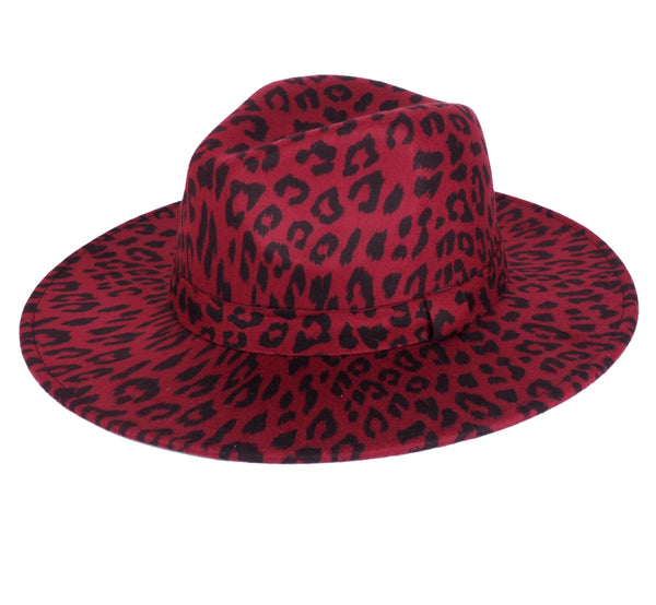 Burgundy Leopard Fedora Panama Upturn Wide Brim Cotton Blend Felt Hat