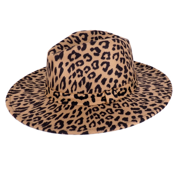 Khaki Leopard Fedora Panama Upturn Wide Brim Cotton Blend Felt Hat