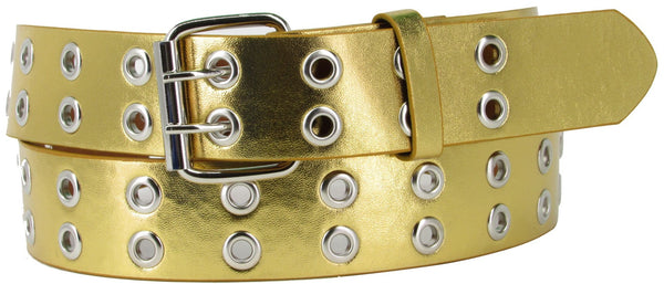 Gold 2 Holes Row Silver Grommets Bonded Leather Belt Removable Buckle
