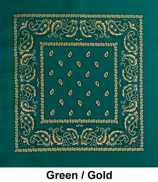 Green with Gold Accent Paisley Print Designs Cotton Bandana (22 inches x 22 inches)