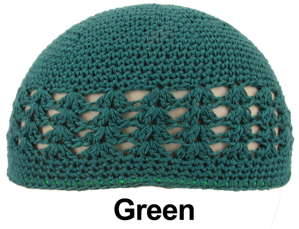 Green KUFI Crochet Beanie Skull Cap Knit Hat Muslim Islamic Prayer New 100% Cotton