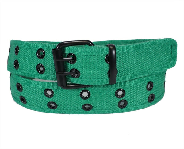 Green 2 Holes Row Metal Grommet Stitched Canvas Fabric Web Belt