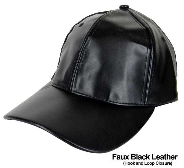 Faux Black Leather Curved Visor Blank Baseball Cap Adjustable Size Unisex