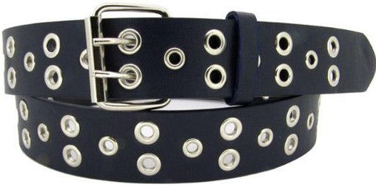 Navy 2-1 Hole Row Silver Grommets Bonded Leather Belt Removable Buckle
