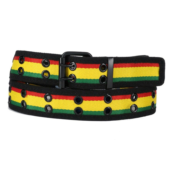Reggae Rasta 2 Holes Row Metal Grommets Stitched Canvas Fabric Military Web Belt