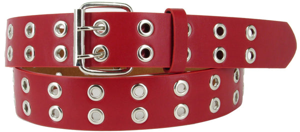 Red 2 Holes Row Silver Grommets Bonded Leather Belt Removable Buckle