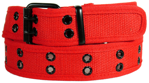 Red 2 Holes Row Metal Grommet Stitched Canvas Fabric Military Web Belt