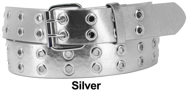 Silver 2 Holes Row Silver Grommets Bonded Leather Belt Removable Buckle