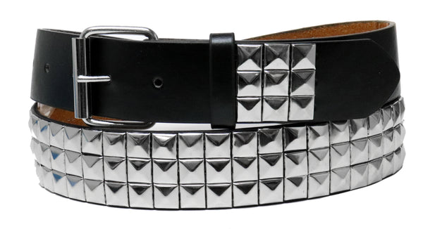 Silver Metal Rivets Pyramid Studs Black Leather Belt with Belt Buckle