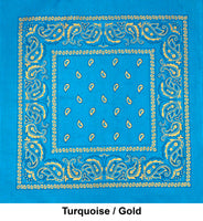 Turquoise Gold Paisley Print Designs Cotton Bandana (22 inches x 22 inches)