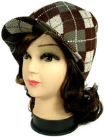 Beige Argyle Design Warm Winter Knit Crochet Braided Baggy Visor Beanie Hat