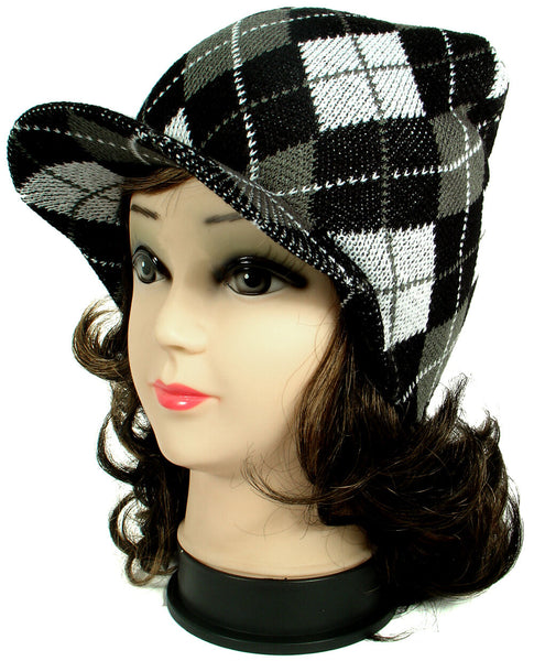 Black Argyle Design Warm Winter Knit Crochet Braided Baggy Visor Beanie Hat