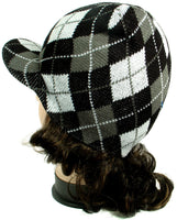 Black Argyle Design Warm Winter Knit Crochet Braided Baggy Visor Beanie Hat