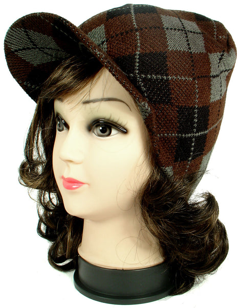 Brown Argyle Design Warm Winter Knit Crochet Braided Baggy Visor Beanie Hat