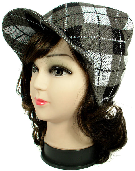Gray Argyle Design Warm Winter Knit Crochet Braided Baggy Visor Beanie Hat