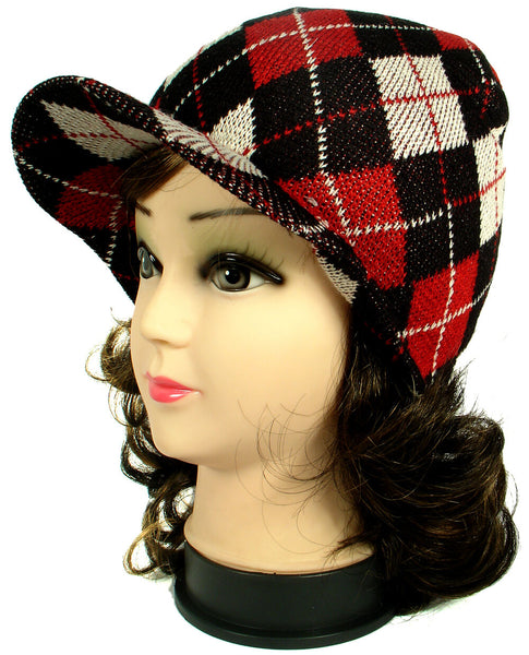 Red Argyle Design Warm Winter Knit Crochet Braided Baggy Visor Beanie Hat