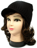 Black Warm Winter Knit Crochet Braided Baggy Visor Beanie Hat