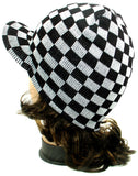 Black Checkers Warm Winter Knit Crochet Braided Baggy Visor Beanie Hat