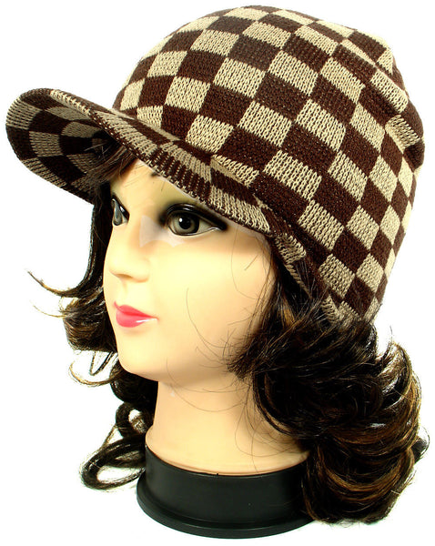 Brown Checkers Warm Winter Knit Crochet Braided Baggy Visor Beanie Hat –  buybuy-luv