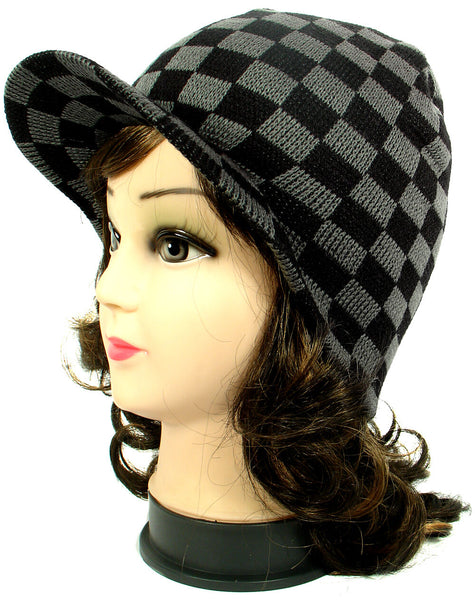 Gray Checkers Warm Winter Knit Crochet Braided Baggy Visor Beanie Hat