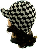 Blue Checkers Warm Winter Knit Crochet Braided Baggy Visor Beanie Hat