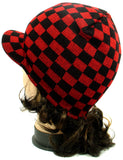 Red Checkers Warm Winter Knit Crochet Braided Baggy Visor Beanie Hat