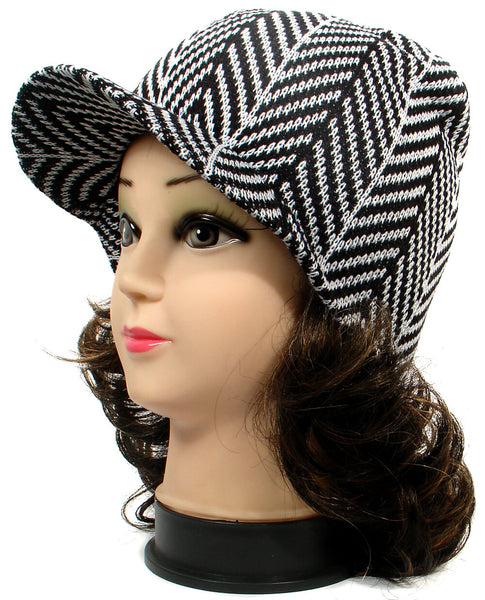 Black Herringbone Design Warm Winter Knit Crochet Braided Baggy Visor Beanie Hat