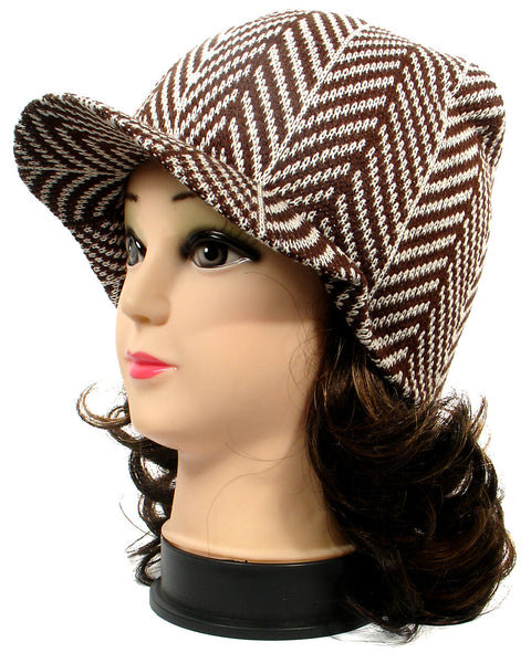 Brown Herringbone Design Warm Winter Knit Crochet Braided Baggy Visor Beanie Hat