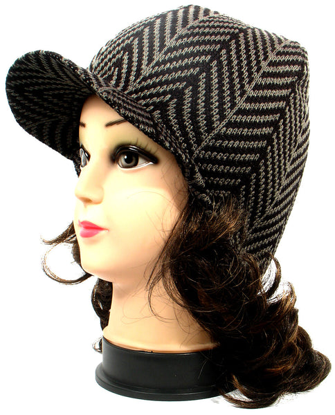 Gray Herringbone Design Warm Winter Knit Crochet Braided Baggy Visor Beanie Hat