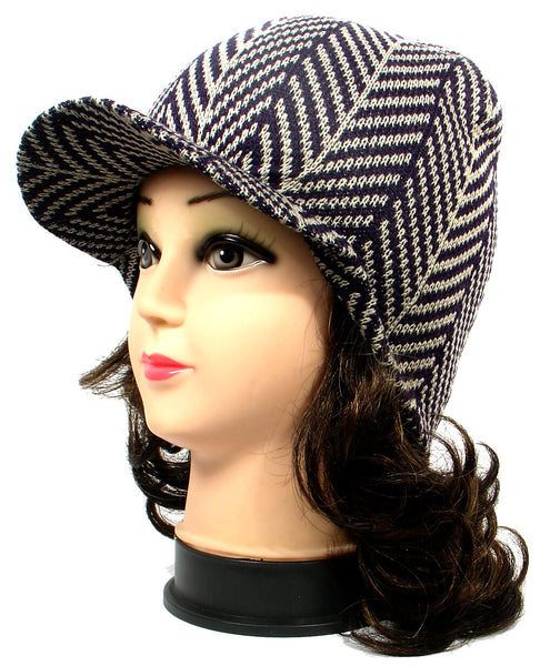 Blue Herringbone Design Warm Winter Knit Crochet Braided Baggy Visor Beanie Hat