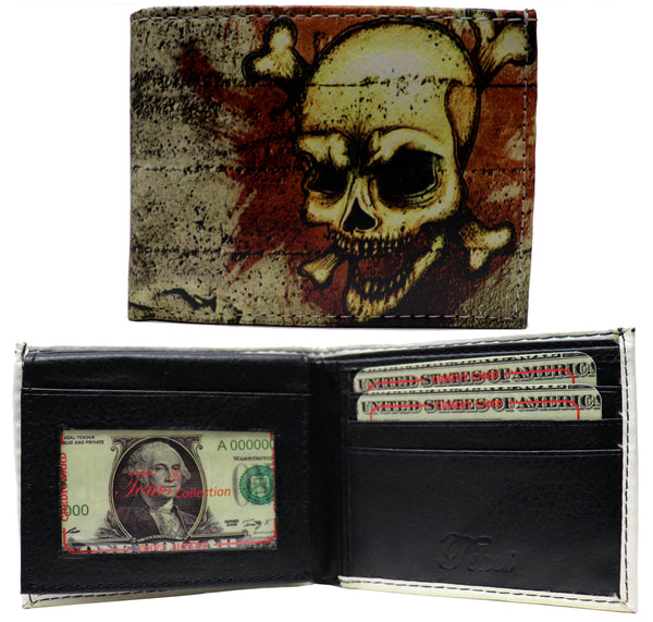 Pirate Skull Head Crossbones Leather Bi-Fold Bifold Wallet
