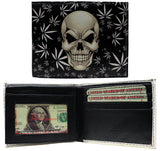 Skull Head Marijuana Weeds Potleaf 420 Leather Bi-Fold Bifold Wallet