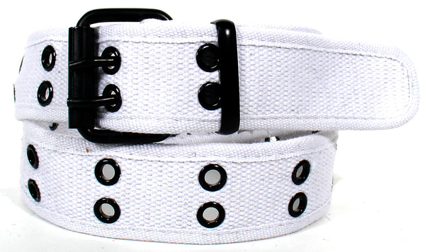 White 2 Holes Row Metal Grommet Stitched Canvas Fabric Military Web Belt