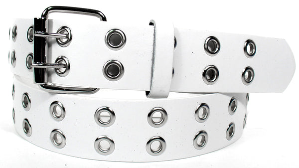 White 2 Holes Row Silver Grommets Bonded Leather Belt Removable Buckle