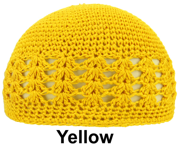 Yellow KUFI Crochet Beanie Skull Cap Knit Hat Muslim Islamic Prayer New 100% Cotton