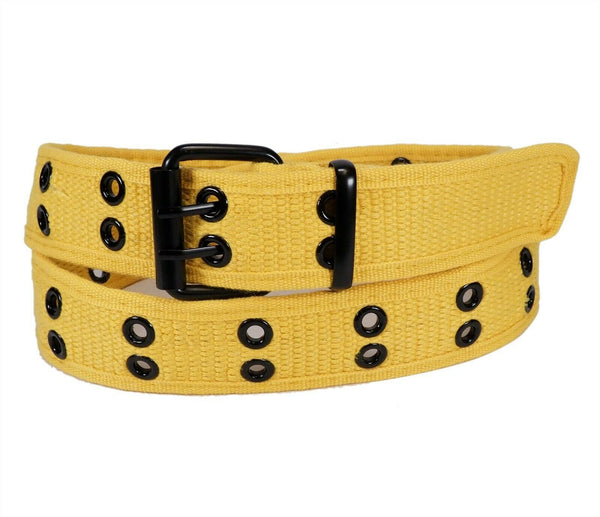 Yellow 2 Holes Row Metal Grommets Stitched Canvas Fabric Military Web Belt